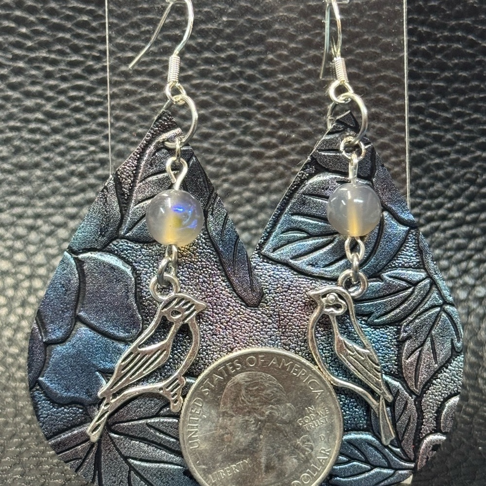 Black/Blue Iridescent Tooled Faux Leather Earrings with Bird Charms - Picture 3 of 4